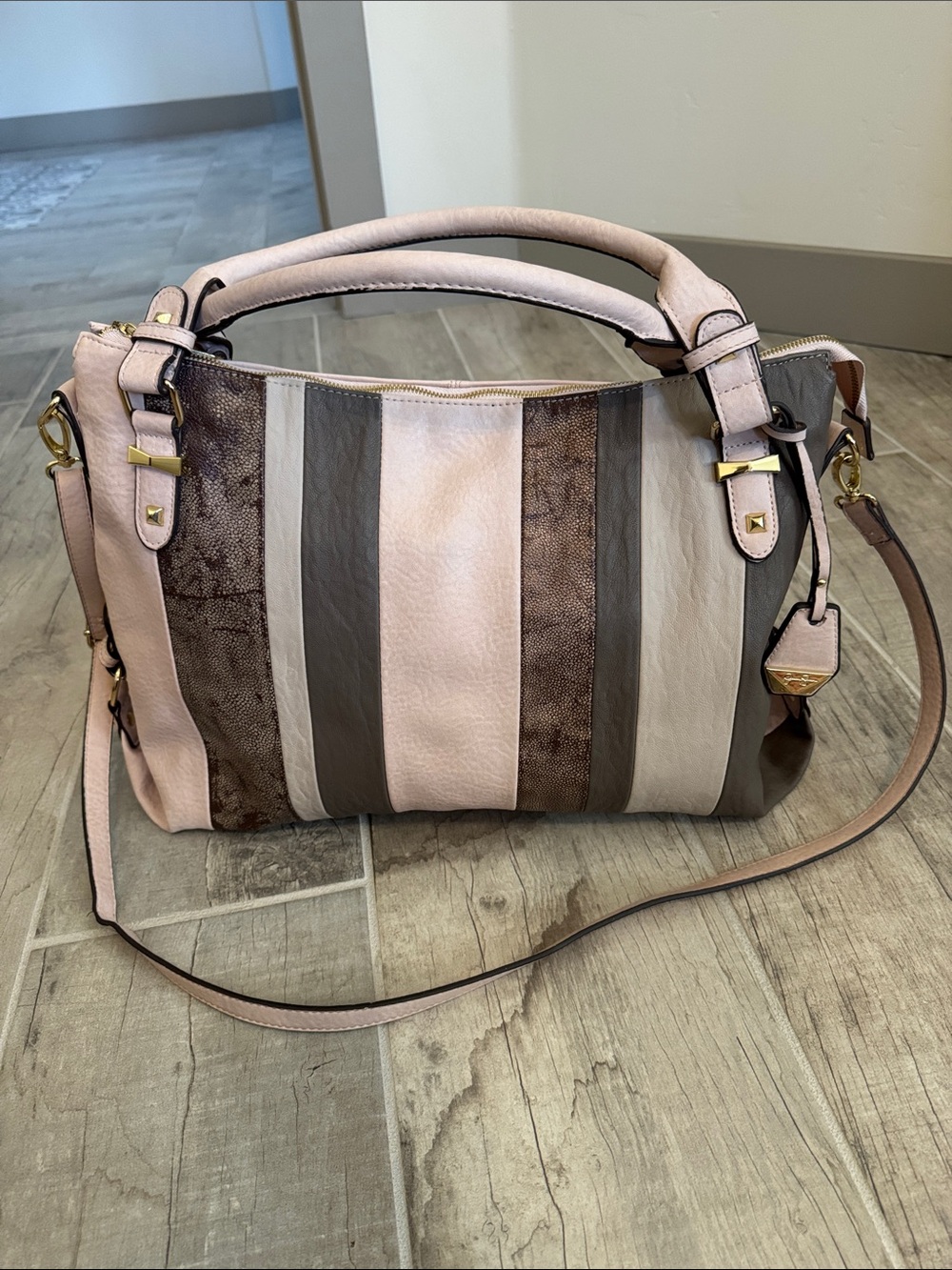 Jessica Simpson Pink, Taupe & Brown Striped Leather Shoulder Bag